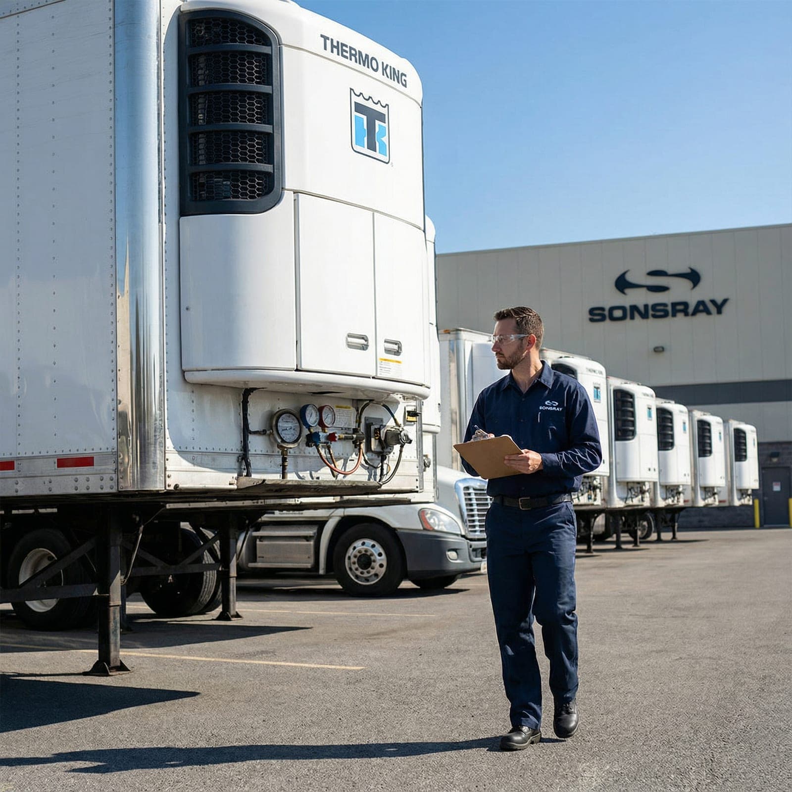 Fleet maintenance technician servicing a Thermo King unit