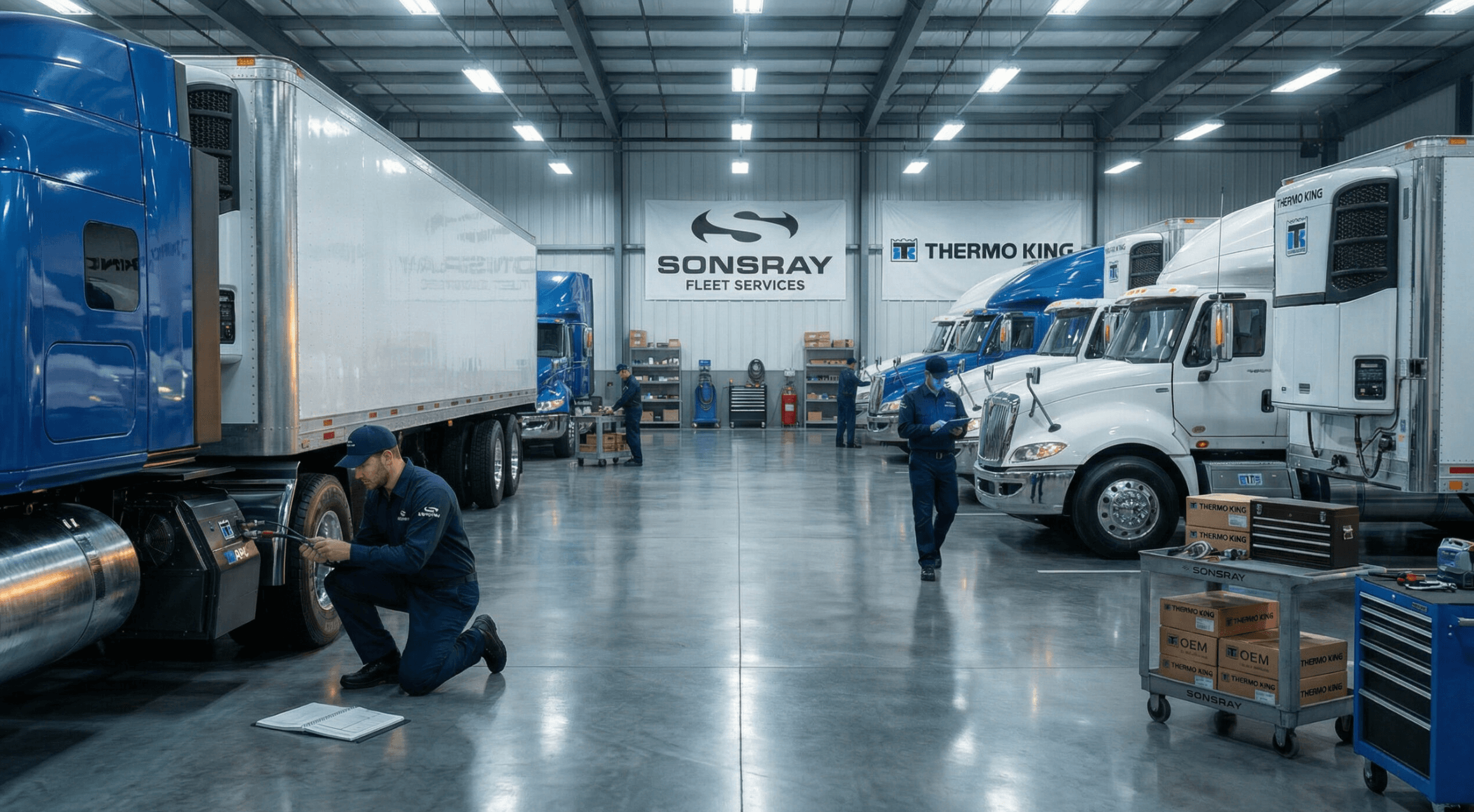 Sonsray Fleet Services inspection bay with trucks and technicians