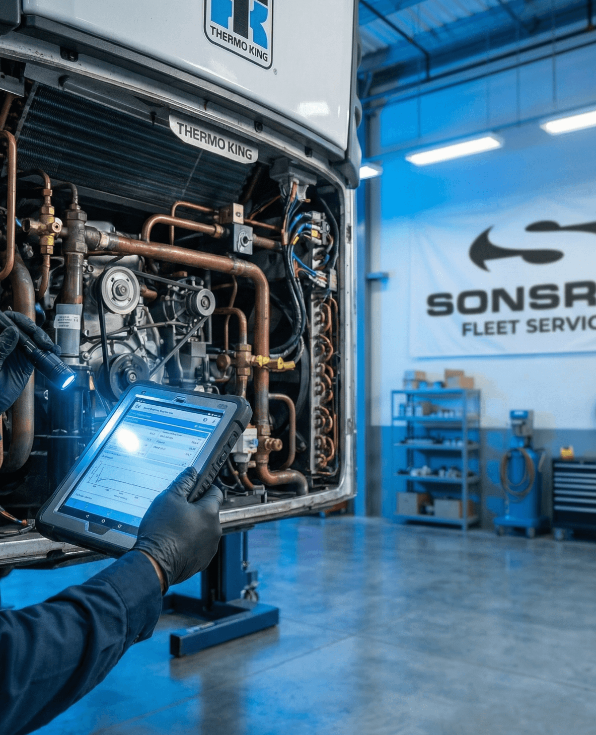 Technician running diagnostics with tablet