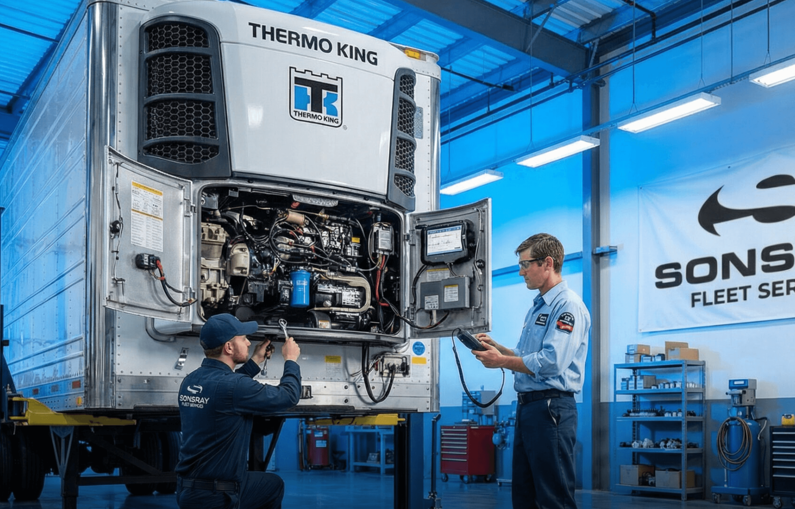 Technicians inspecting Thermo King unit in shop